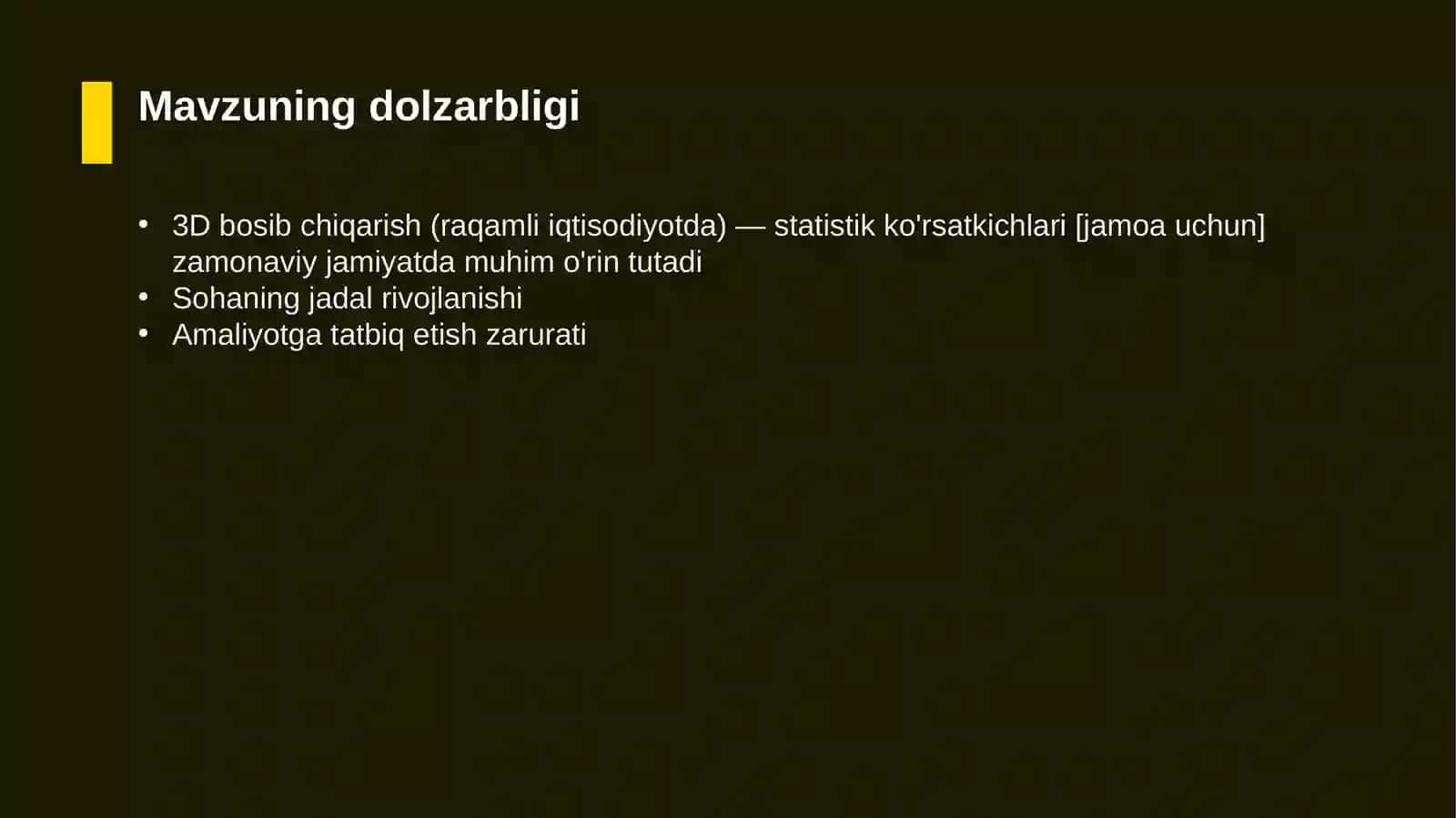 3D bosib chiqarish (raqamli iqtisodiyotda) — statistik ko'rsatkichlari [jamoa uchun] 4