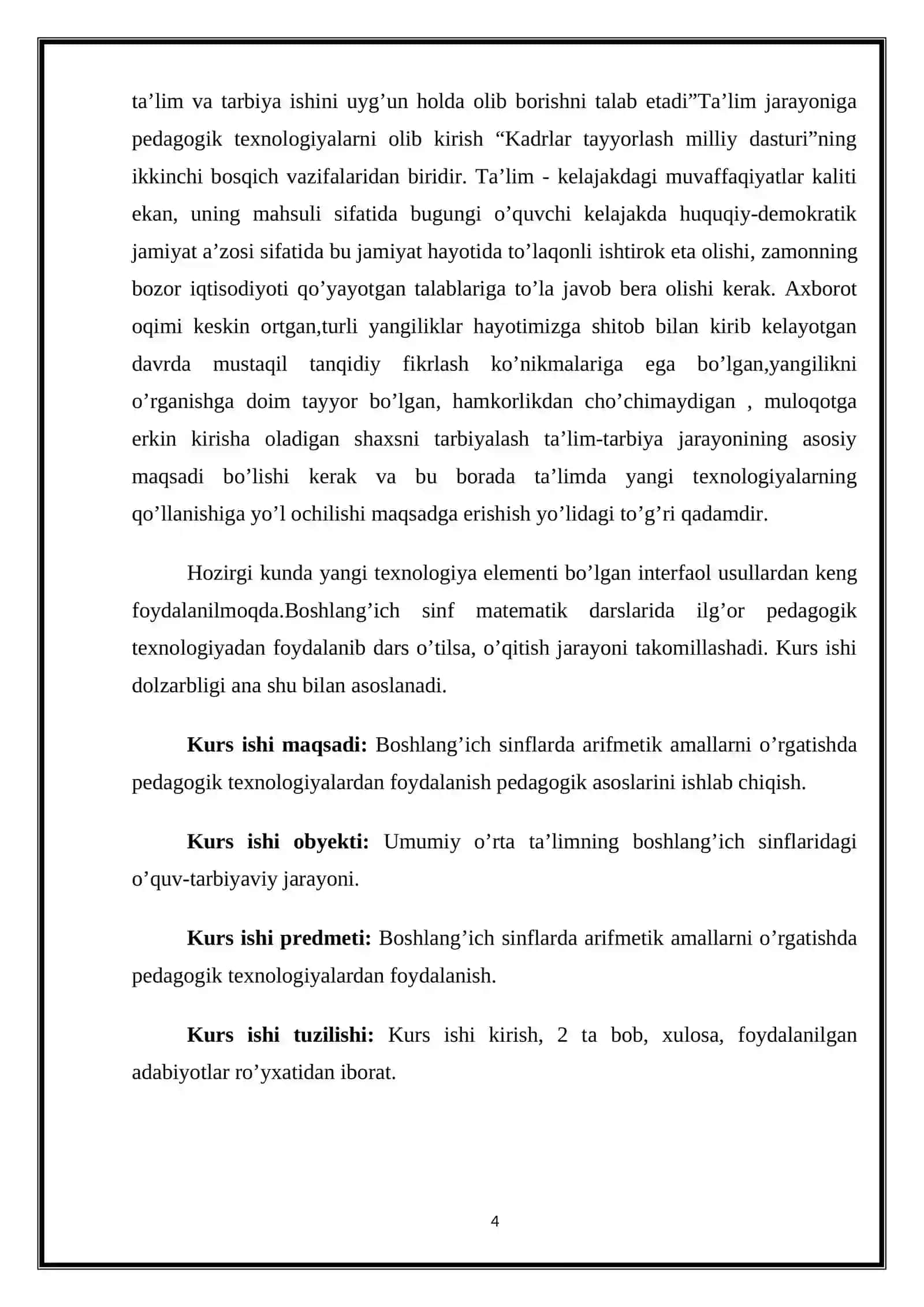 BOSHLANG’ICH SINF MATEMATIKA DARSLARIDA ARIFMETIK AMALLARNI O’RGATISH METODIKASI 4