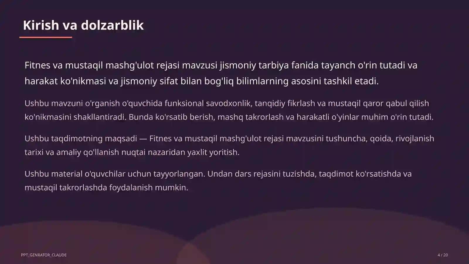 Fitnes va mustaqil mashg'ulot rejasi (11-sinf) 4