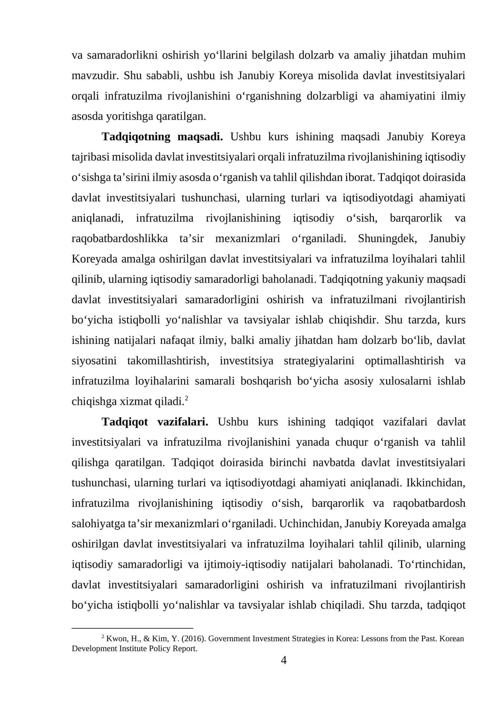 Davlat investitsiyalari va infratuzilma rivojlanishi (Janubiy Korea misolida) mavzusida tayyorKURS ISHI 4