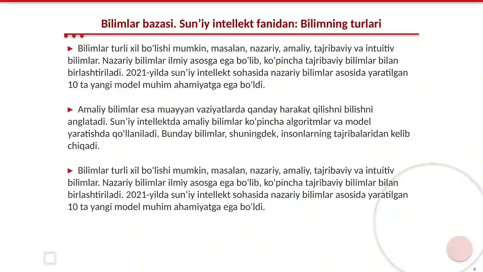 Bilimlar bazasi. Sunʼiy intellekt fanidan 4