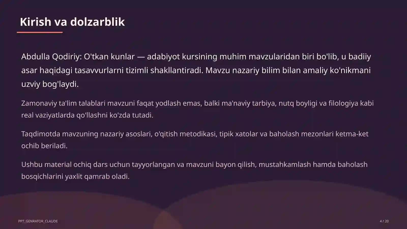 Abdulla Qodiriy: O'tkan kunlar (9-sinf) 4