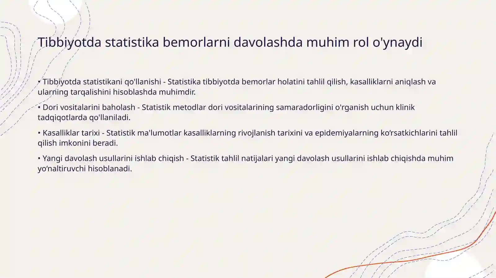Tibbiyotda statistikaning ahamiyati Statistik tadqiqotlar natijalarini baholash usullari Statistik t 4