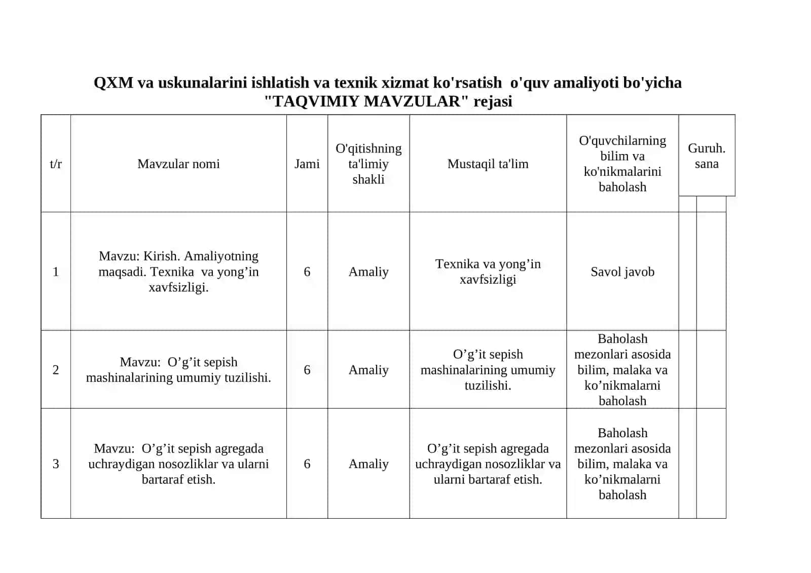 “QISHLOQ XO’JALIK MASHINALARI VA USKUNALARINI ISHLATISH VA TXK’’ O’QUV AMALYOTIDAN  O`QITISH MATERIALLARI 4