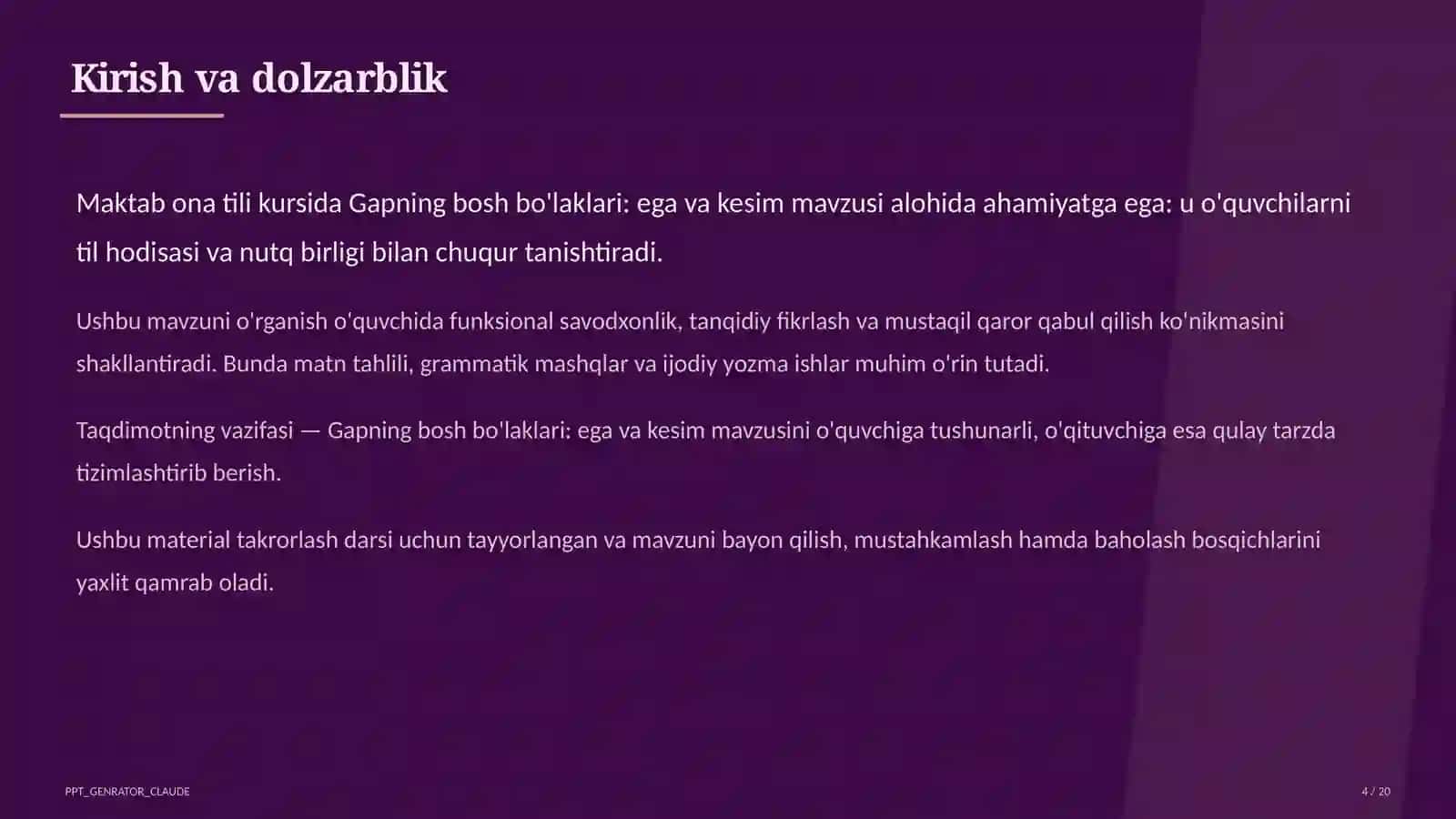 Gapning bosh bo'laklari: ega va kesim (8-sinf) 4
