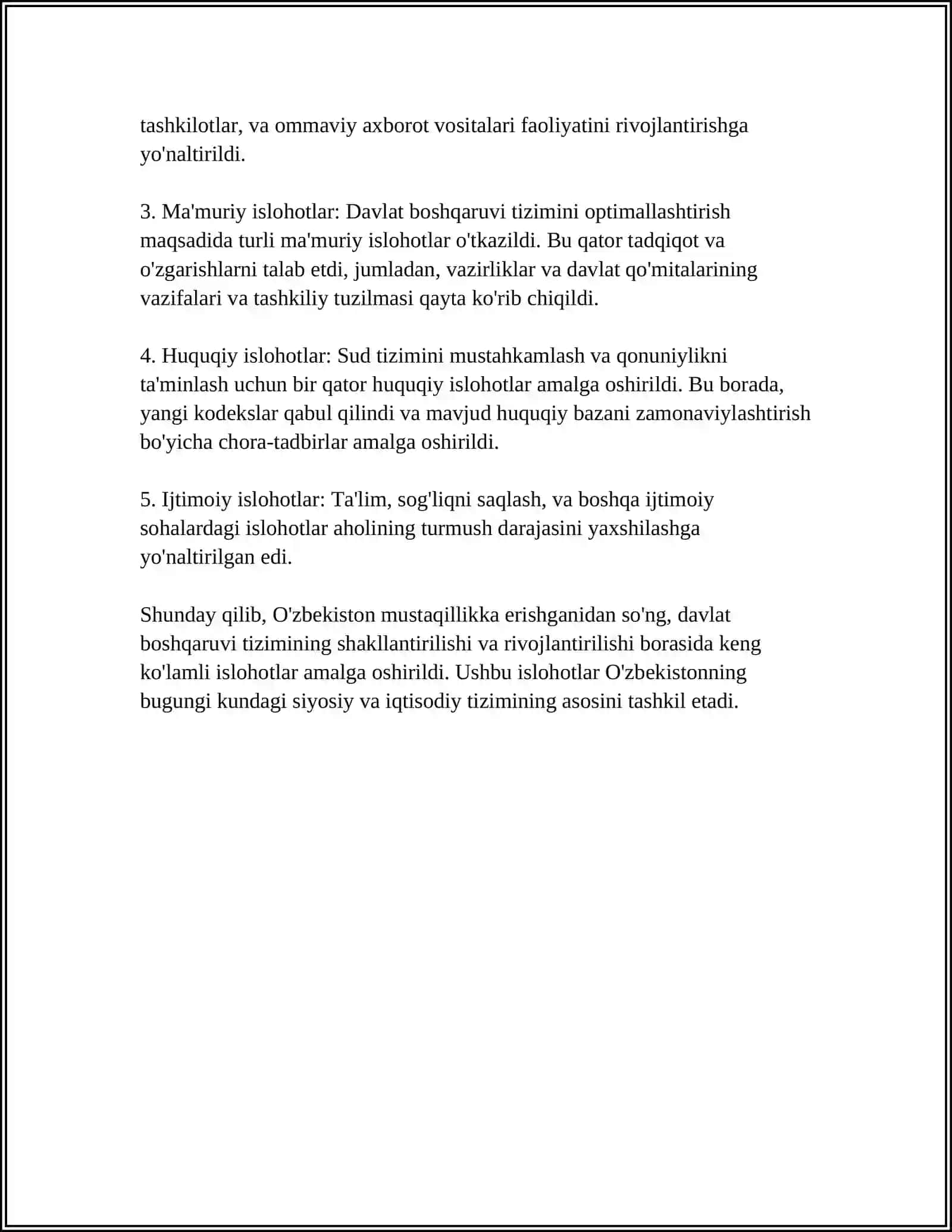 MUSTAQILLIK YILLARIDA DAVLAT BOSHQARUVI TIZIMIDA AMALGA OSHIRILGAN ISLOHOTLAR 4