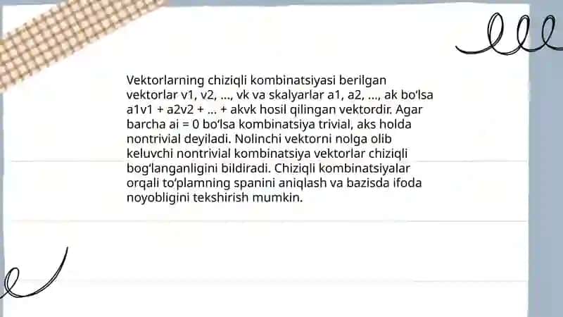 Vektorlarning chiziqlili bogʻliqliligi.Affin koordinatalari haqida tushuncha 4