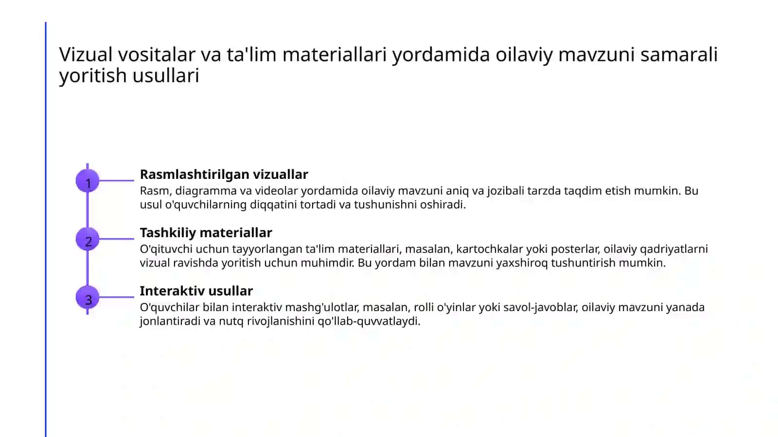 MTT da ilk qadam oquv dasturi asosida katta guruhda sentayabr oyining 3 haftasi "Men va biz oilamiz" mavsuzi boyicha nutq ostirish frontal mashguloti ishlanmasini tuzish va korgazmali vositalar asosida 4