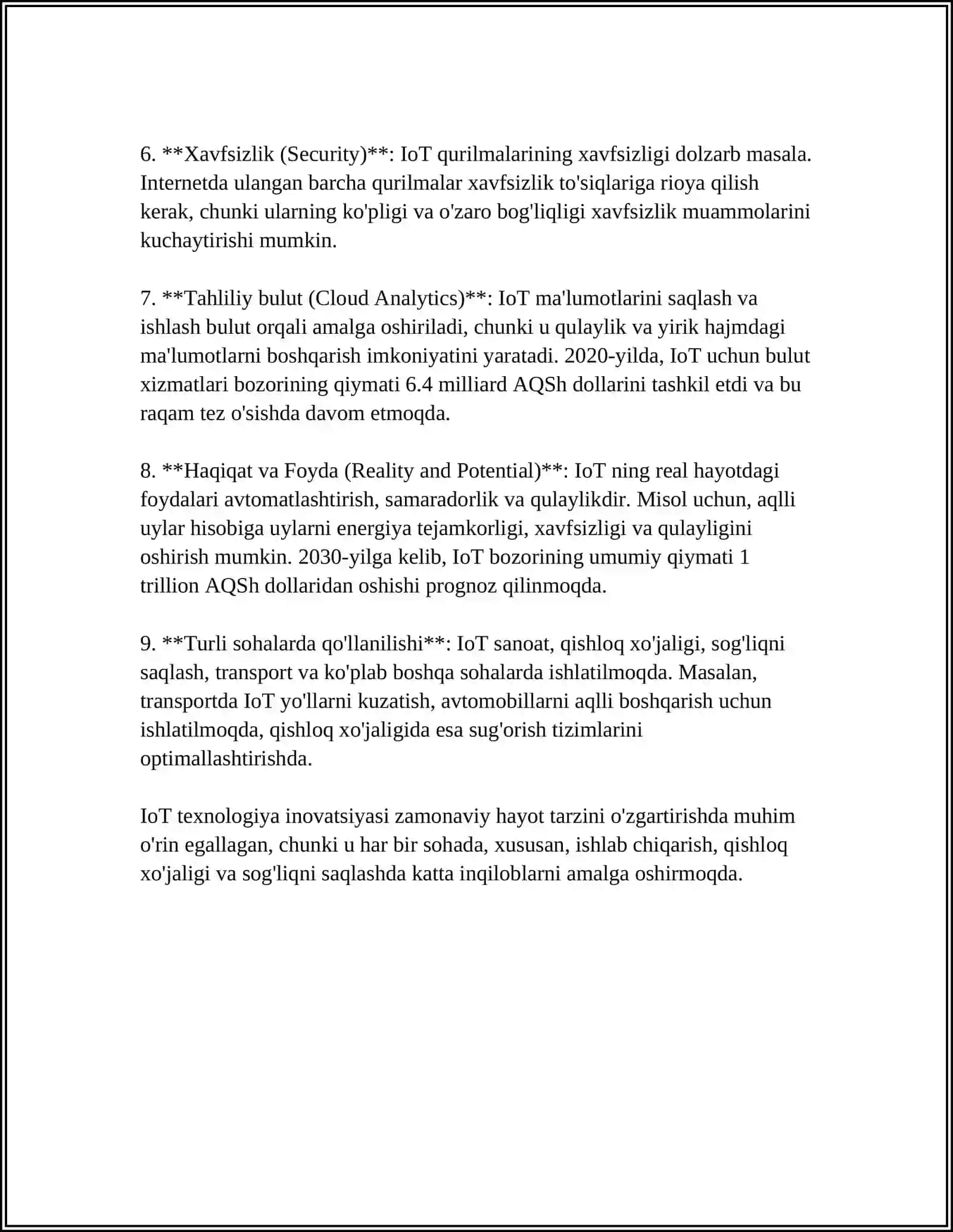 MUSTAQIL ISH Mavzu: IOT(NARSALAR INTERNETI)VA UNING KOMMUNIKATSIYA TIZIMLARIDAGI OʻRNI 4