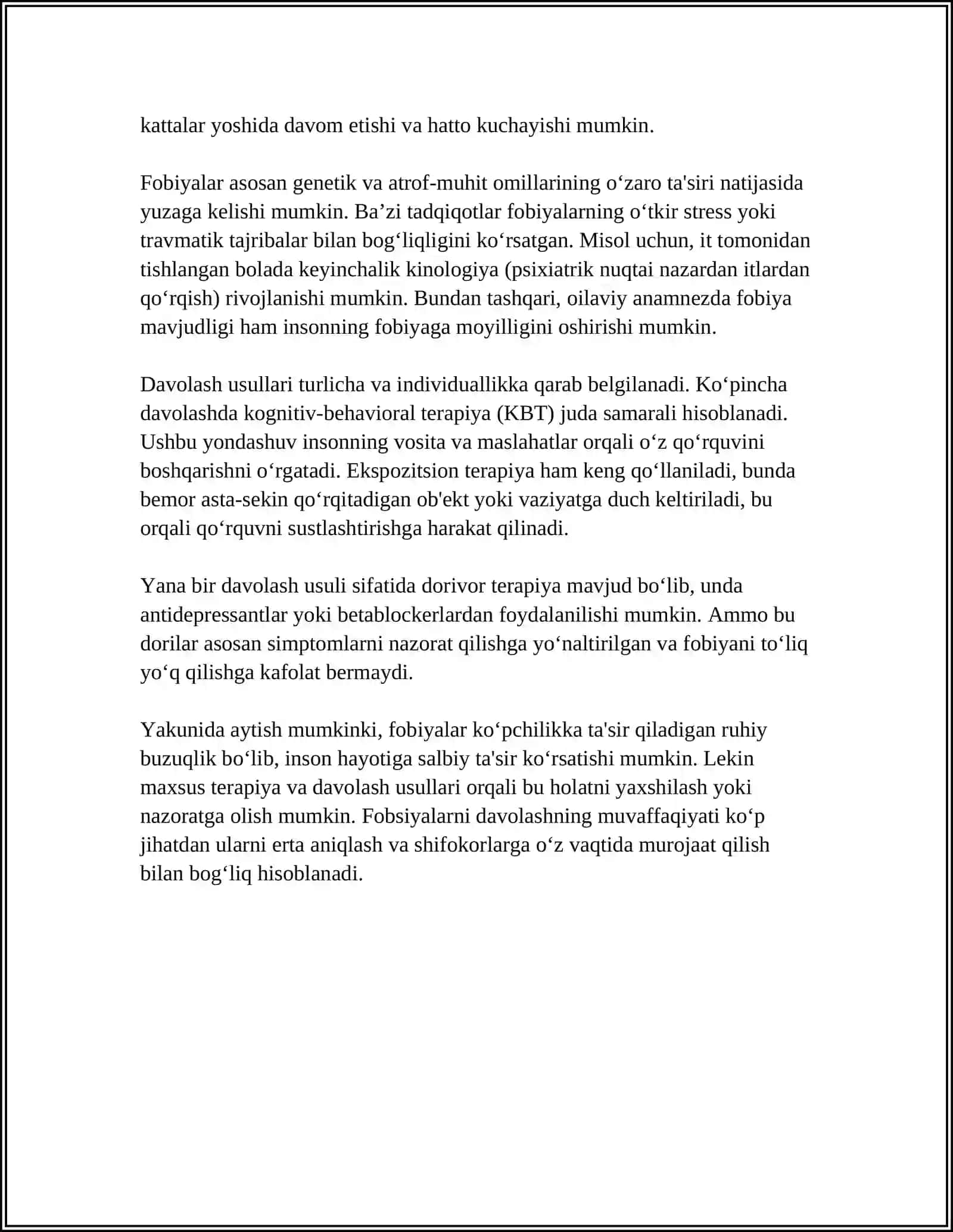 FOBIYALARNING YUZAGA KELISHI, FOBIYA TURLARI 4