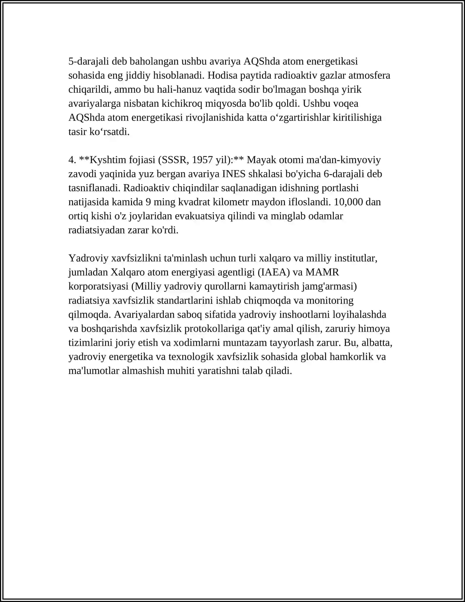 ATOM ELEKTROSTANSIYALARIDA YUZ BERISHI EHTIMOLI YUQORI BO’LGAN FAVQULOTDA HOLATLAR VA ULARNI ATROF MUHITGA ZARARLI TA’SIRI OQIBATLARI (CHERNOBIL AES DAGI AVARIYA OQIBATLARI) 4
