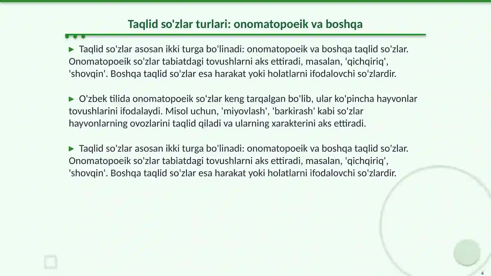 Taqlid soʻzlar. Ularning turlari 4