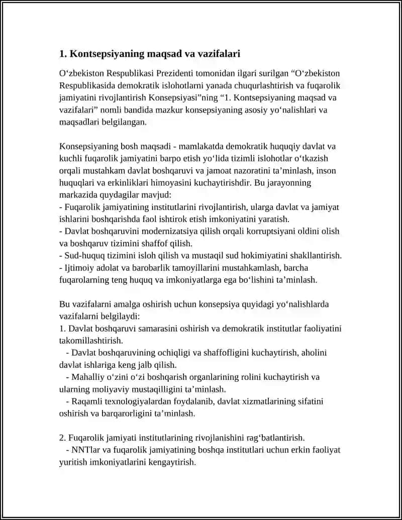 O‘ZBEKISTONDA DEMOKRATIK ISLOHOTLARNI YANADA CHUQURLASHTIRISHVA FUQOROLIK JAMIYATINI RIVOJLANTIRISH KONSEPSIYASI 4