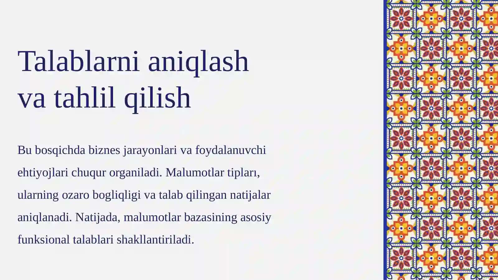 Malumotlar bazasini loyihalash bosqichlari, obektlarni 1NF,2NF va 3NF normal formalar yordamida normallashtirish 4