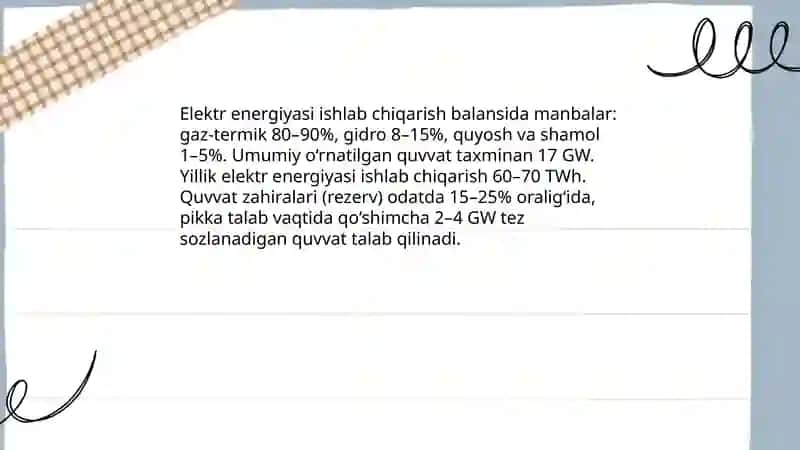 Oʻzbekistonda elektr energiyasining xozirgi kundagi oʻrni 4