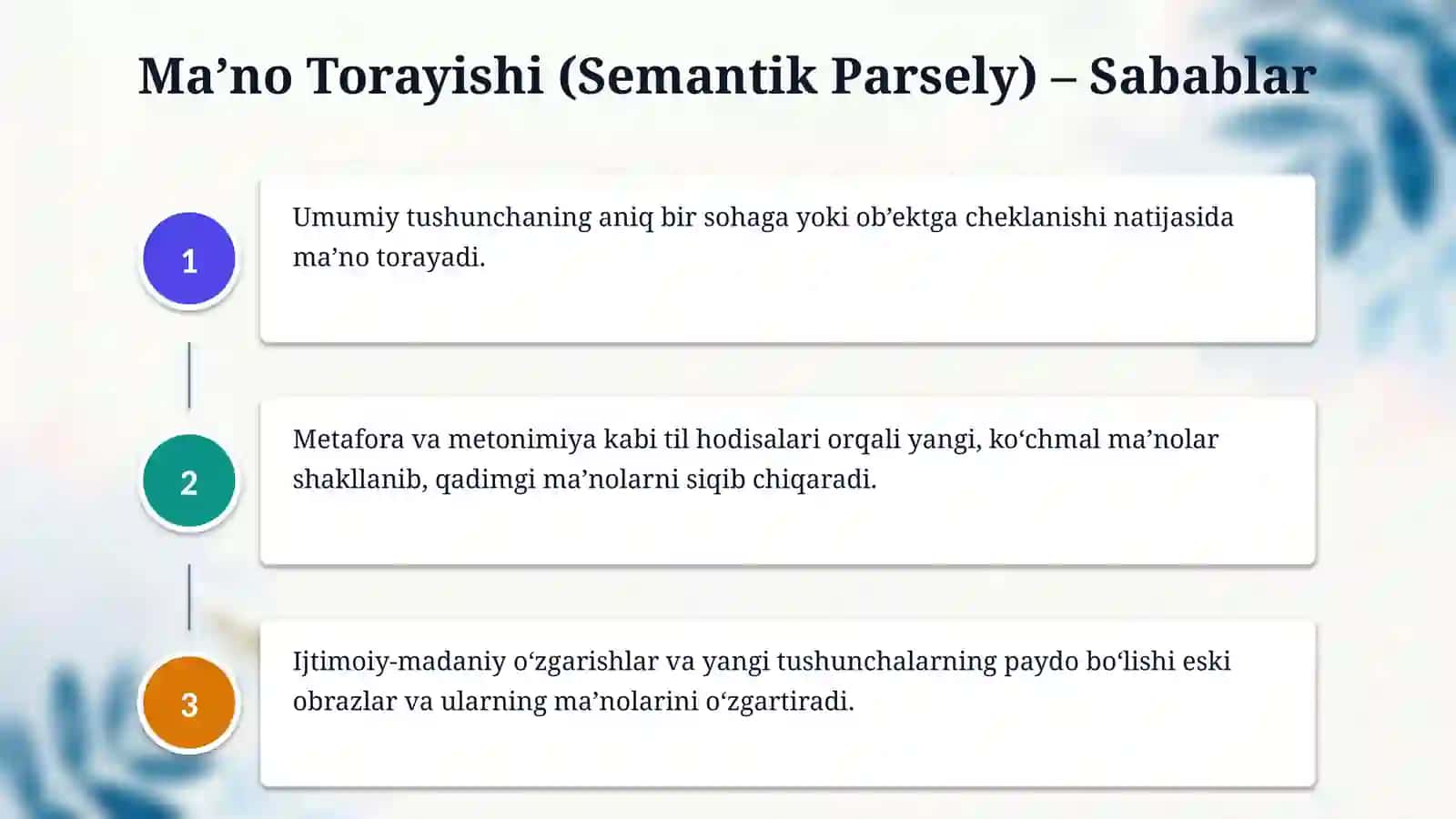 Soʻzning ma'noviy taraqqiyoti. Leksema ma'nosining torayishi va kengayishi 4