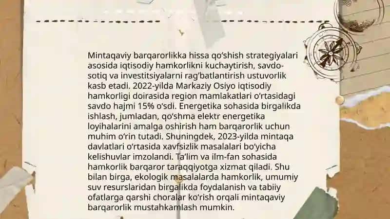 Oʻzbekistonning Markaziy Osiyoda tinchlik va barqarorlikni taʼminlashdagi oʻrni 4