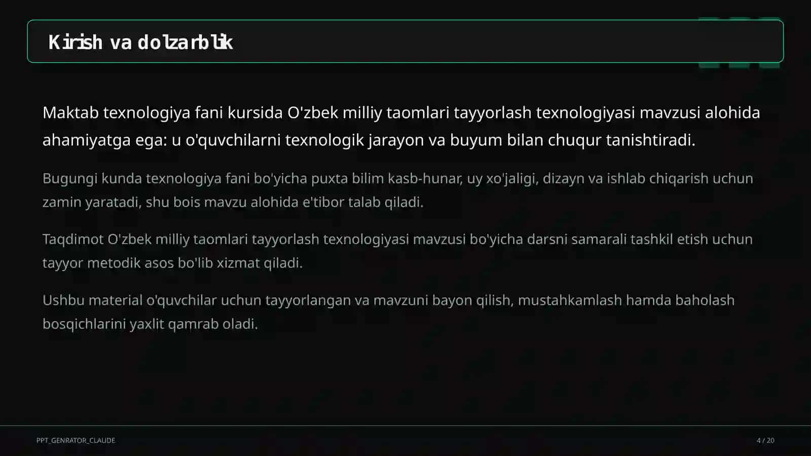 O'zbek milliy taomlari tayyorlash texnologiyasi (6-sinf) 4