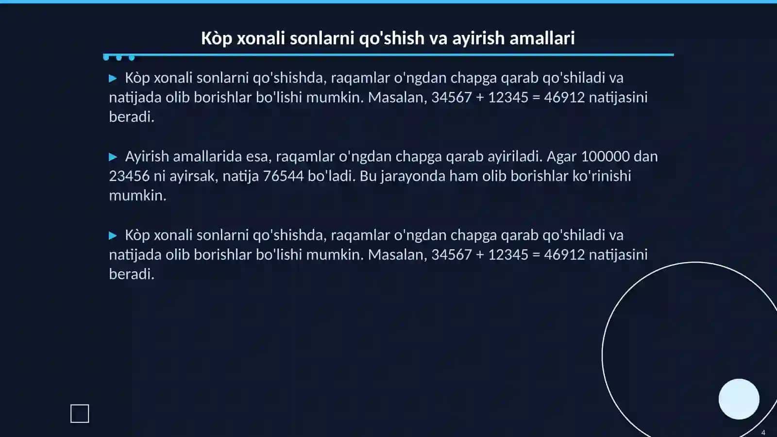 Kòp xonali sonlar va arifmetika amallari 4