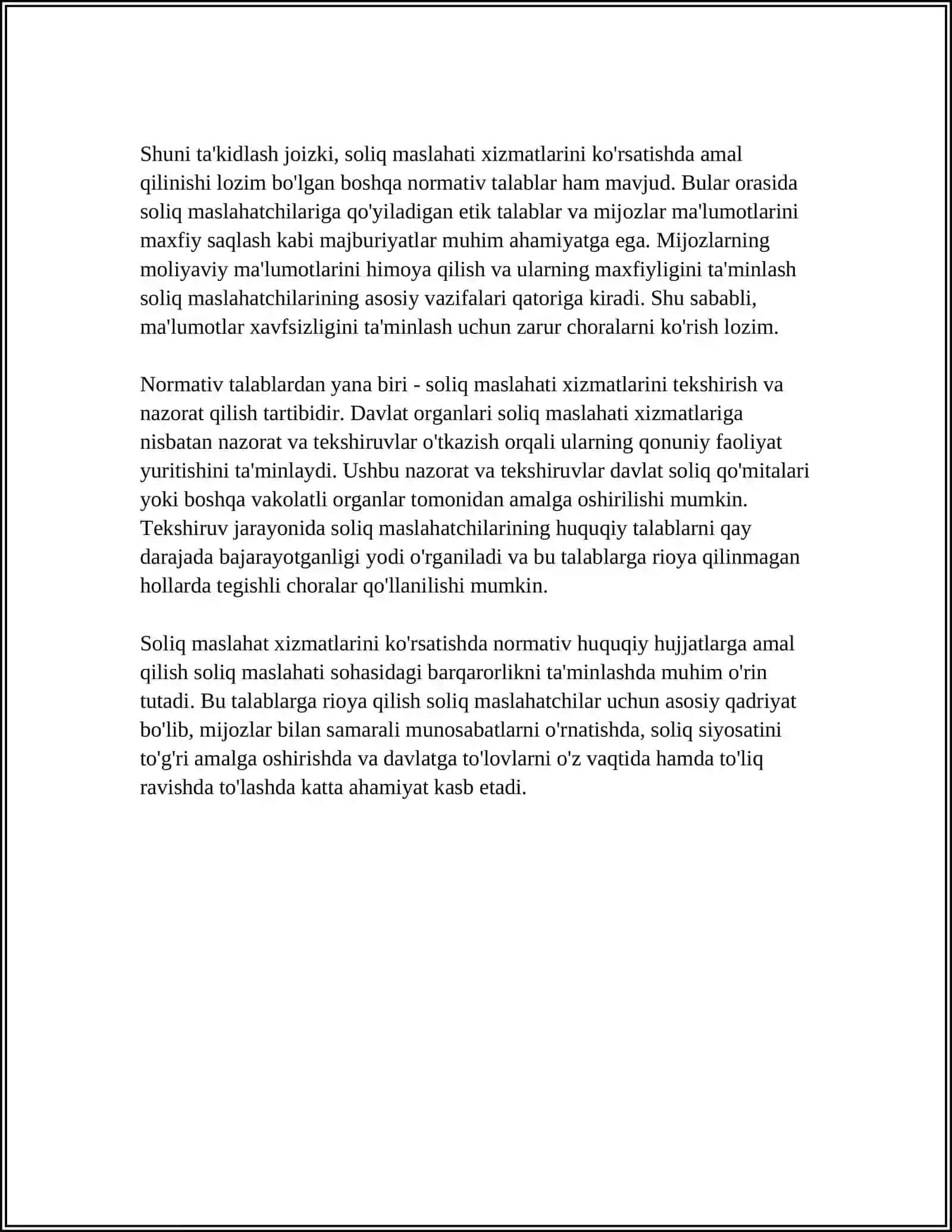 SOLIQ MASLAXATI BO'YICHA XIZMATLAR VA ULARNING O'ZIGA XOS JIHATLARI REFERAT 4