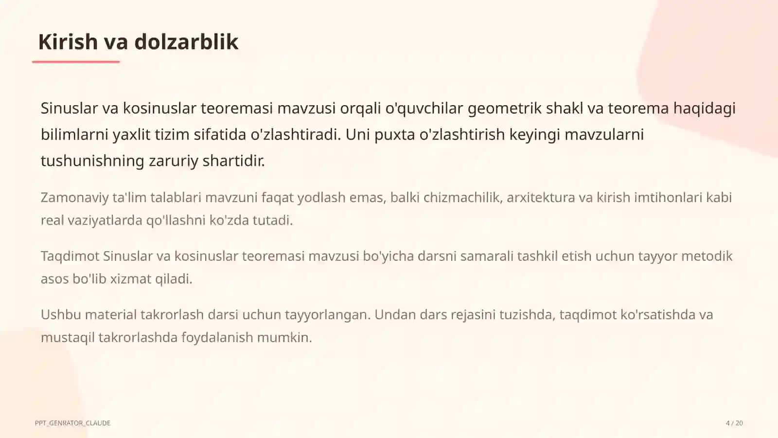 Sinuslar va kosinuslar teoremasi (9-sinf) 4