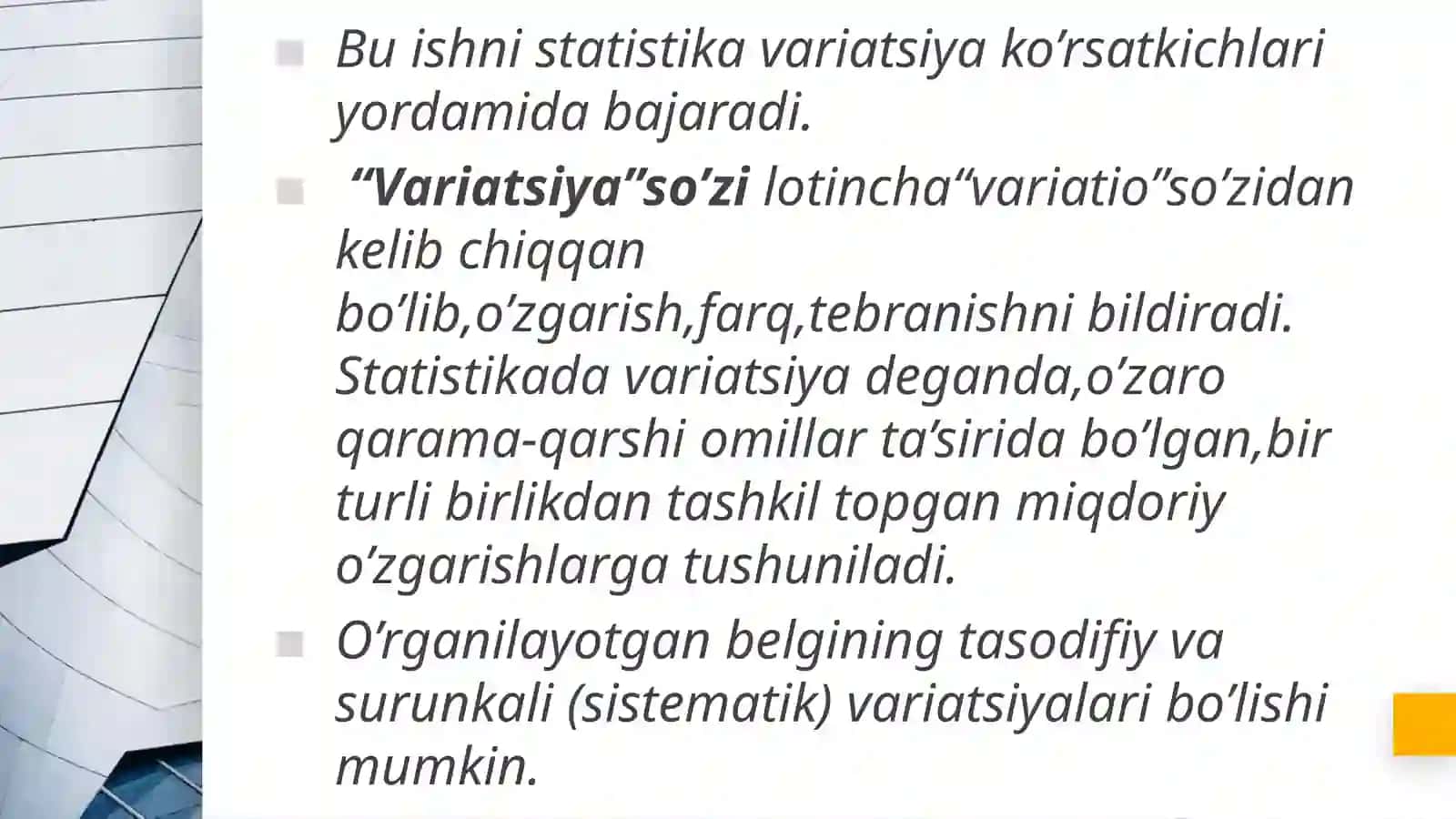 Statistikada variatsiyani baholash usullari va dispersion tahlil asoslari 4