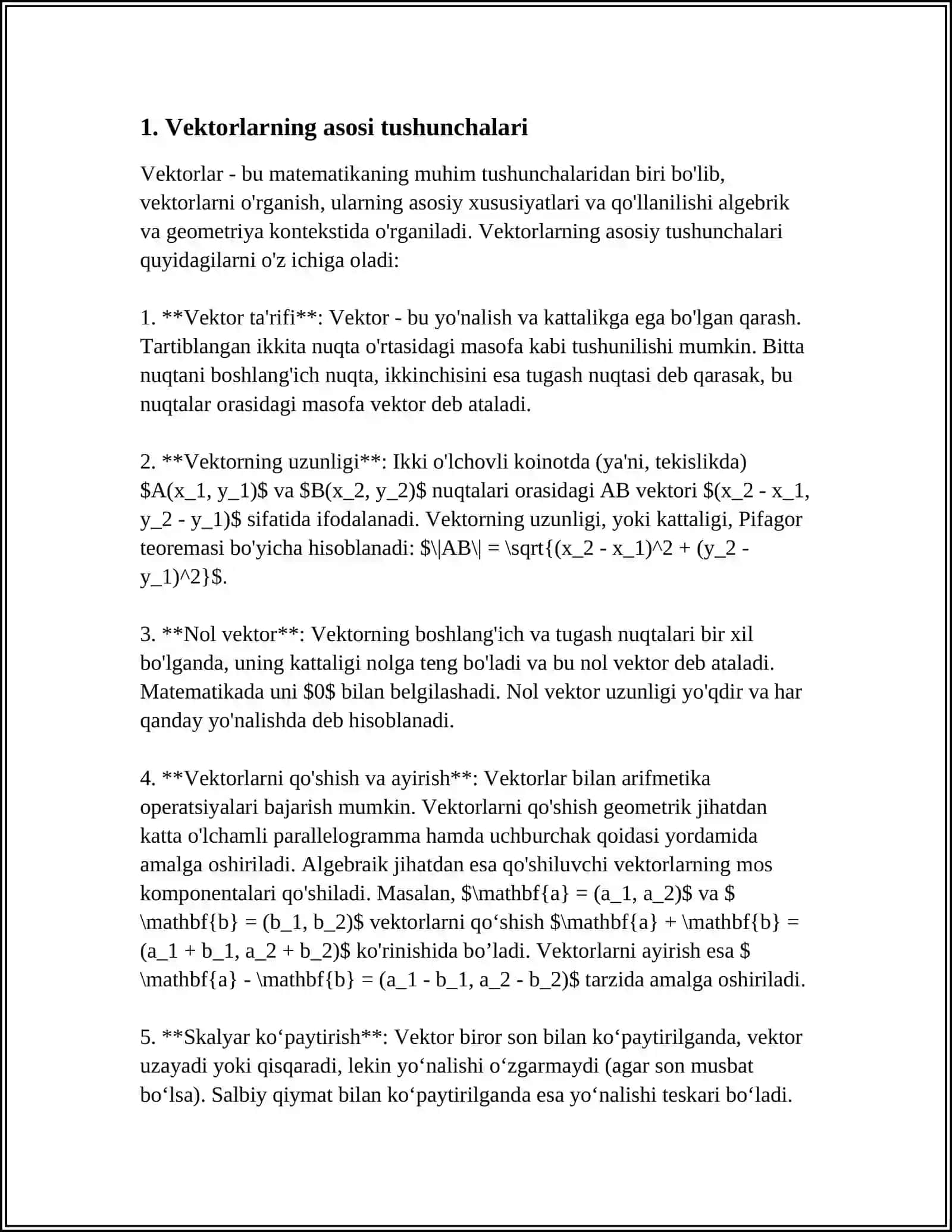 TEKISLIKDA VA FAZODA VEKTORLAR, VEKTORLARNING SKALYAR, VEKTOR ARALASH,VEKTOR KO’PAYTMASI 4