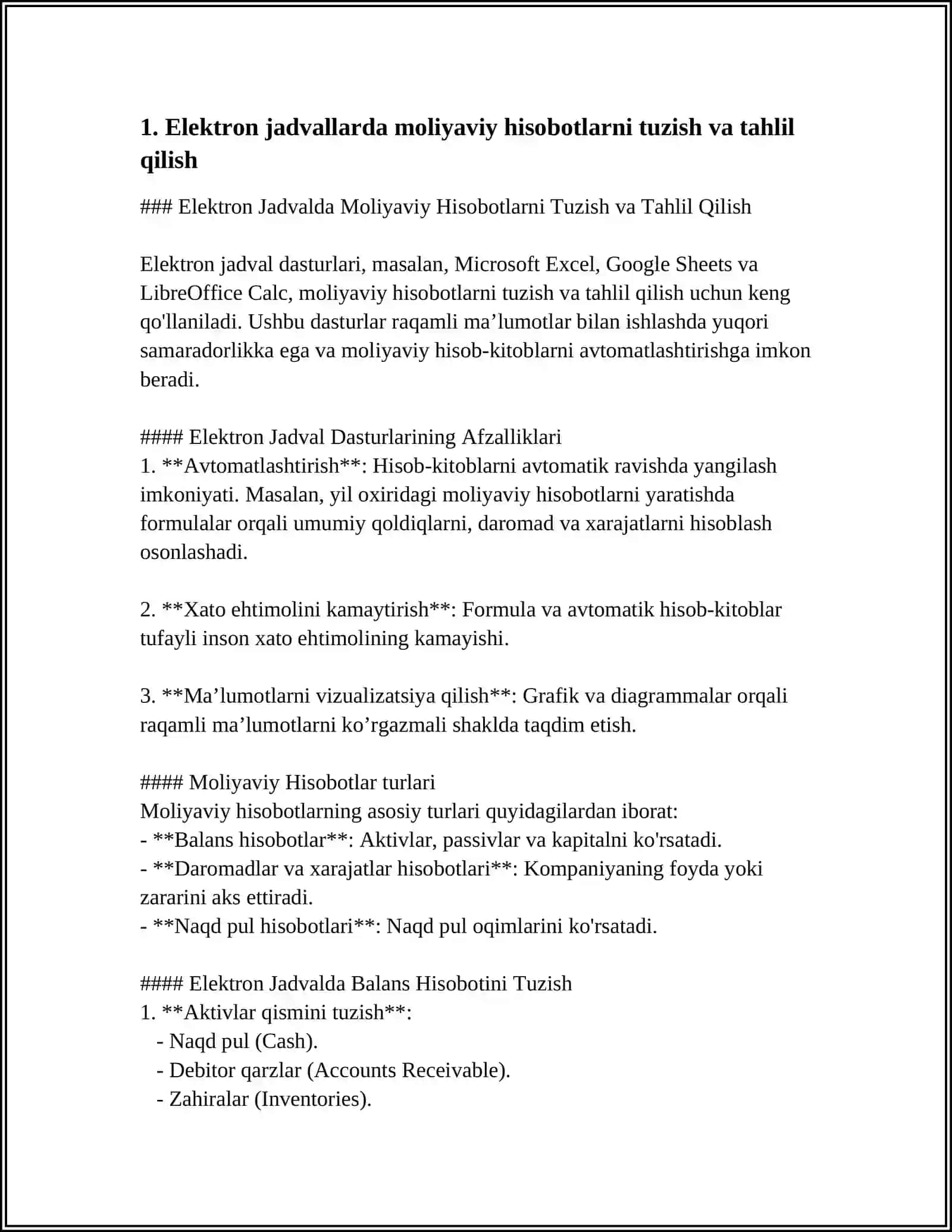 Elektron Jadvalda Moliyaviy Hisobotlarni Tuzish va Tahlil Qilish 4