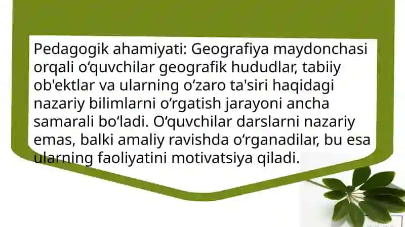 Jo‘g‘rofiya maydonchasi, tirik tabiat burchagi, o‘quv tajriba uchastkasida darslarni o‘tkazish metodikasi. Kuzatish va tajribalarni tashkil etish usullarini o‘rganish 4