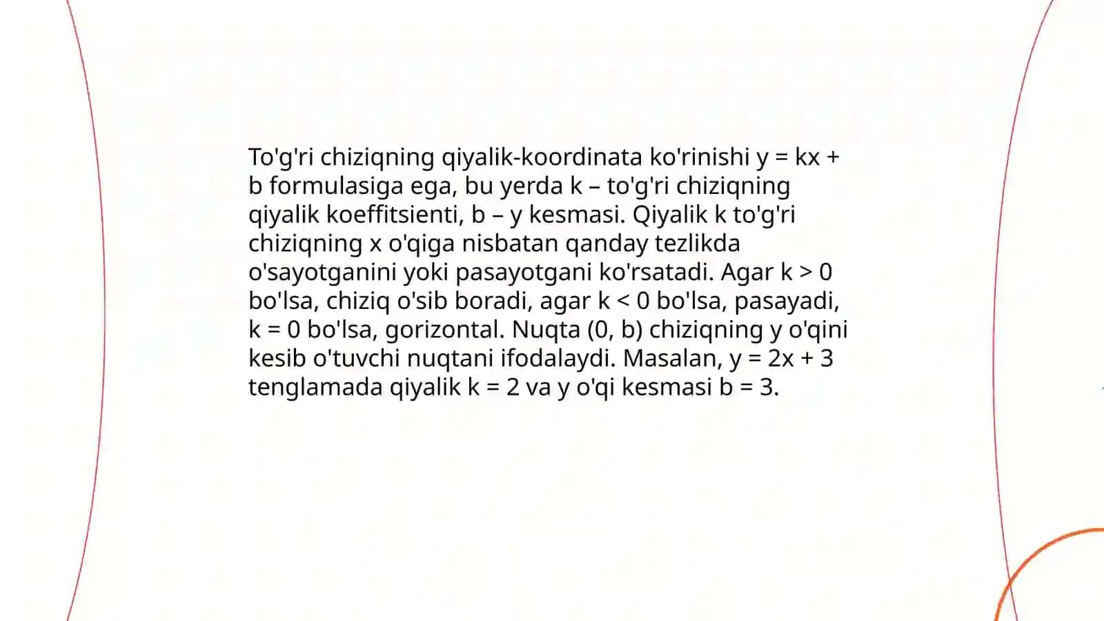 Tekislikda to'g'ri chiziqning umumiy tenglamasi va uning turlari xususiy ko'rinishlari. Tekislikda 2- tartibli chiziqlar. Aylana, ellips, giperbola, parabola 4