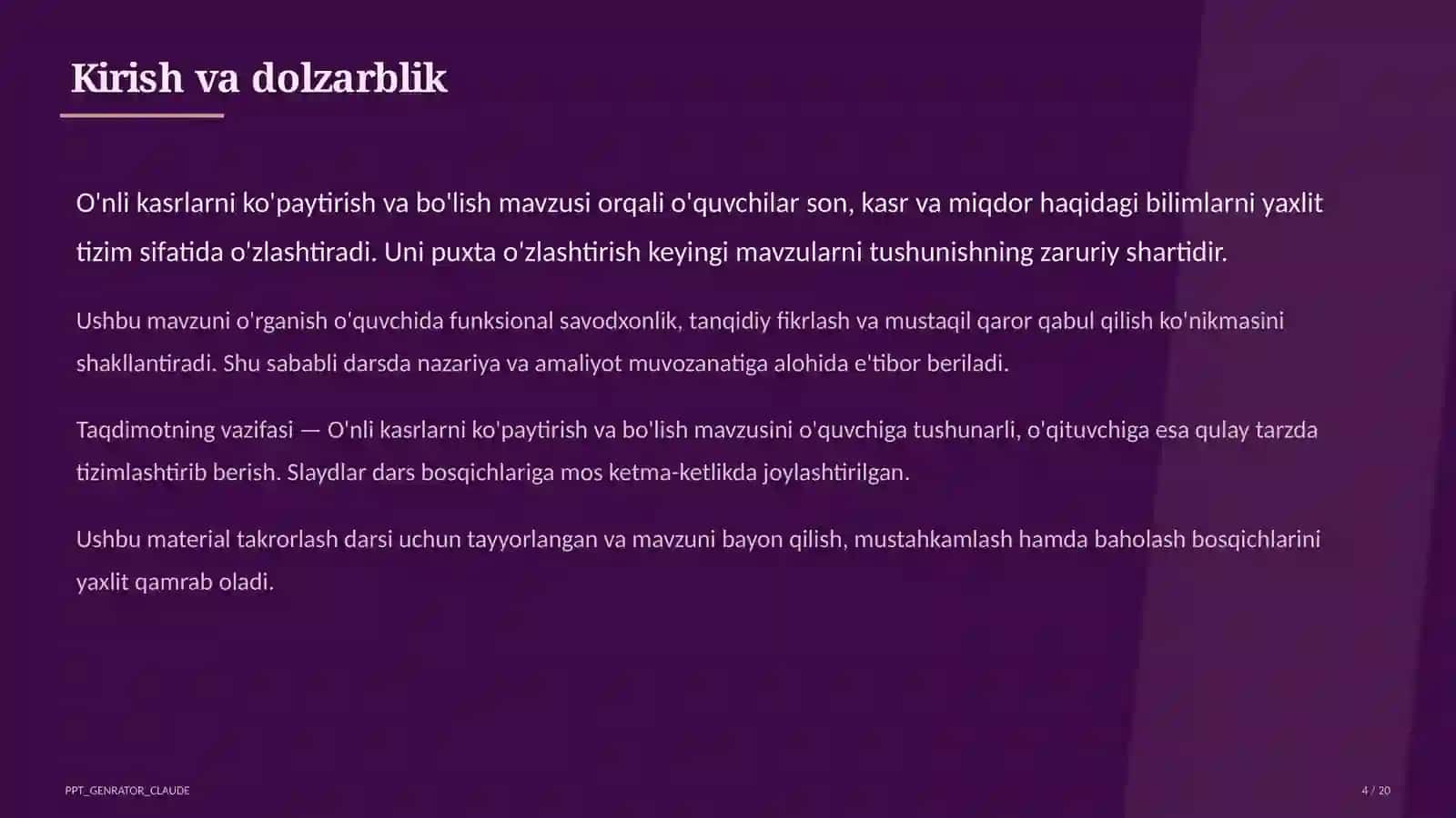 O'nli kasrlarni ko'paytirish va bo'lish (5-sinf) 4