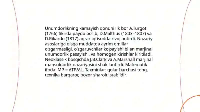Unumdorlikning kamayish qonuni va uning iqtiskdiyotdagi o'rni 4
