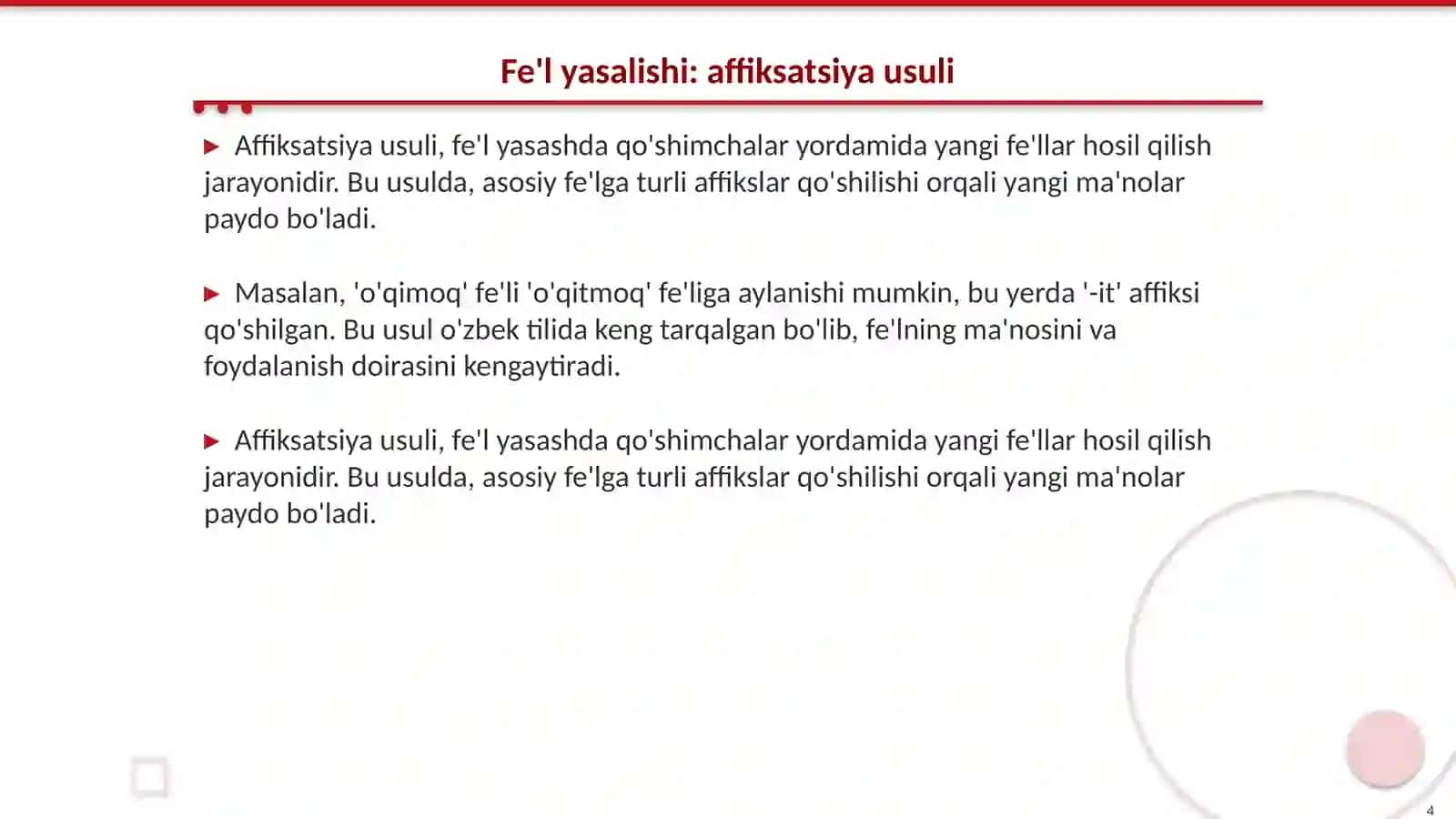 Fe'lning tuslanishi. Fe'l yasalishi 4