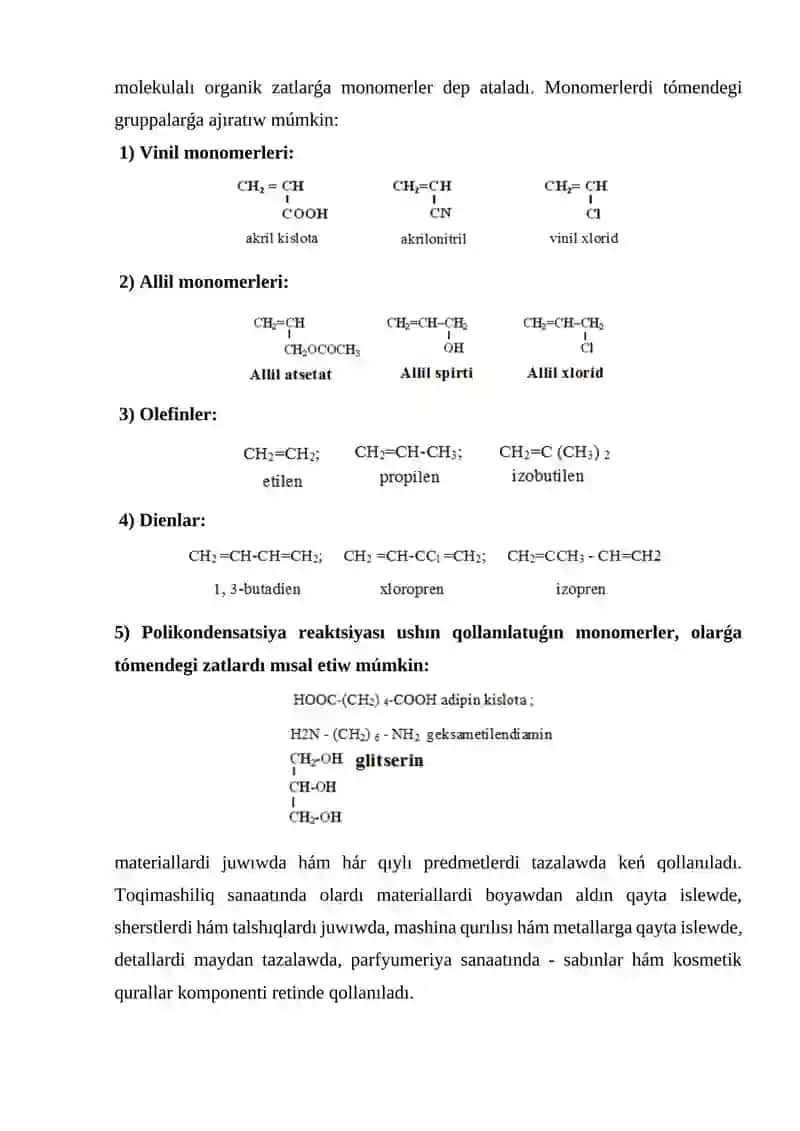 ORGANIK SINTEZDIN’ TIYKA’RG’I O’NIMLERI HA’M OLARDIN’ KLASSLARI 4