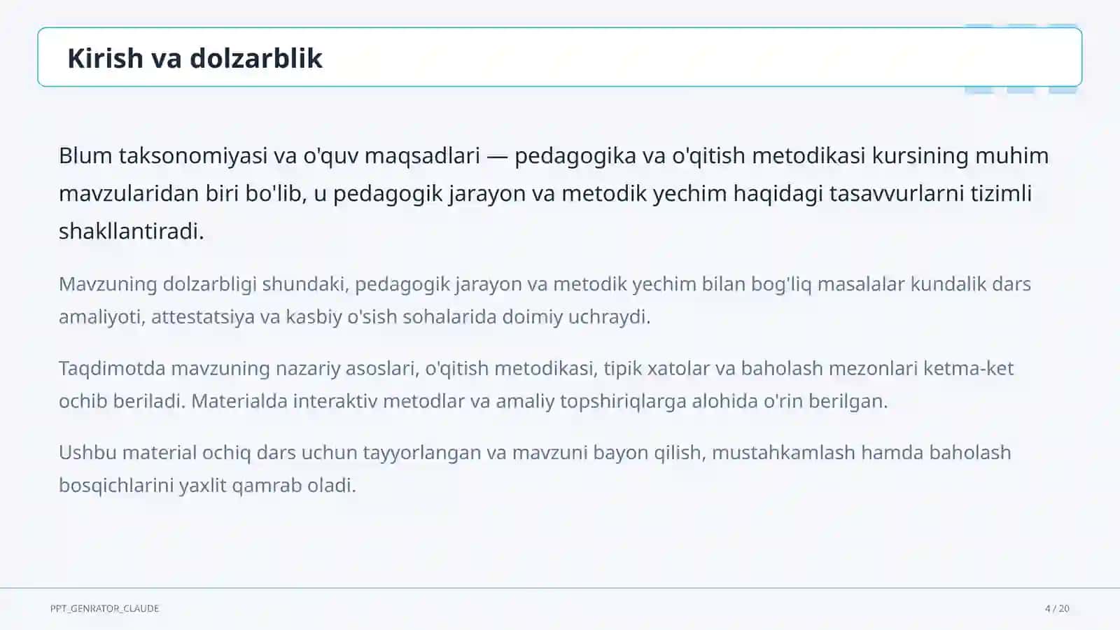 Blum taksonomiyasi va o'quv maqsadlari 4