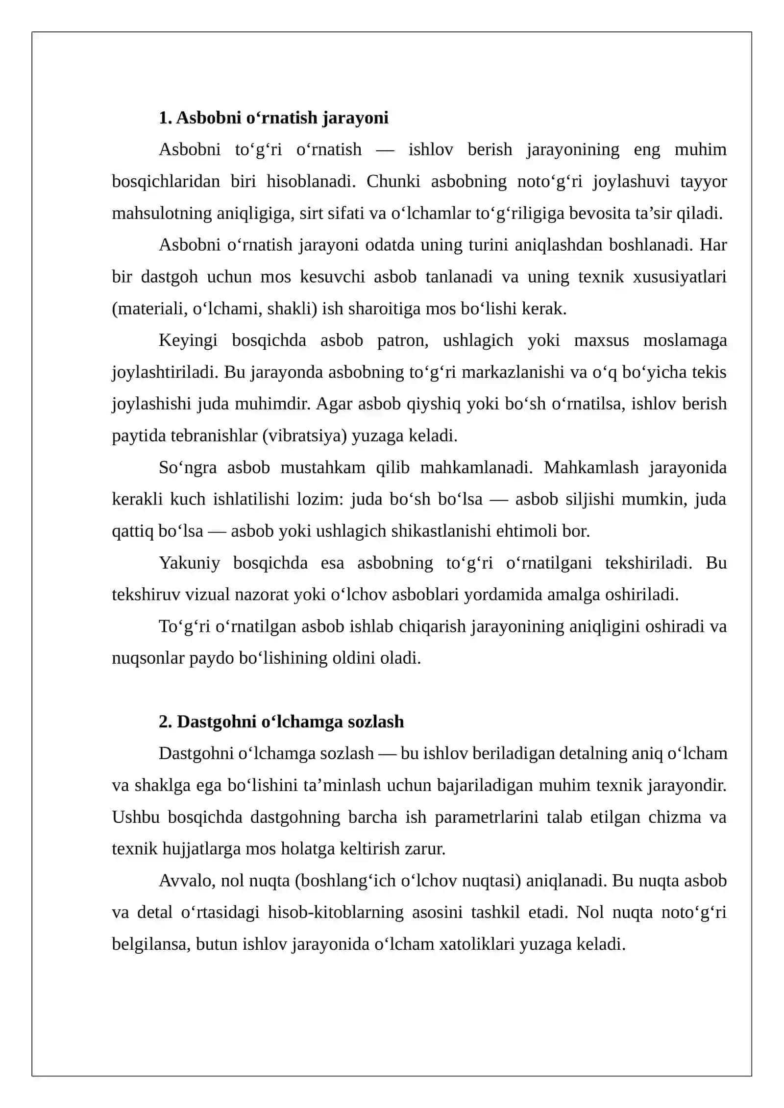 Asbobni o‘rnatish va dastgohni o‘lchamga sozlash xatoliklari 4