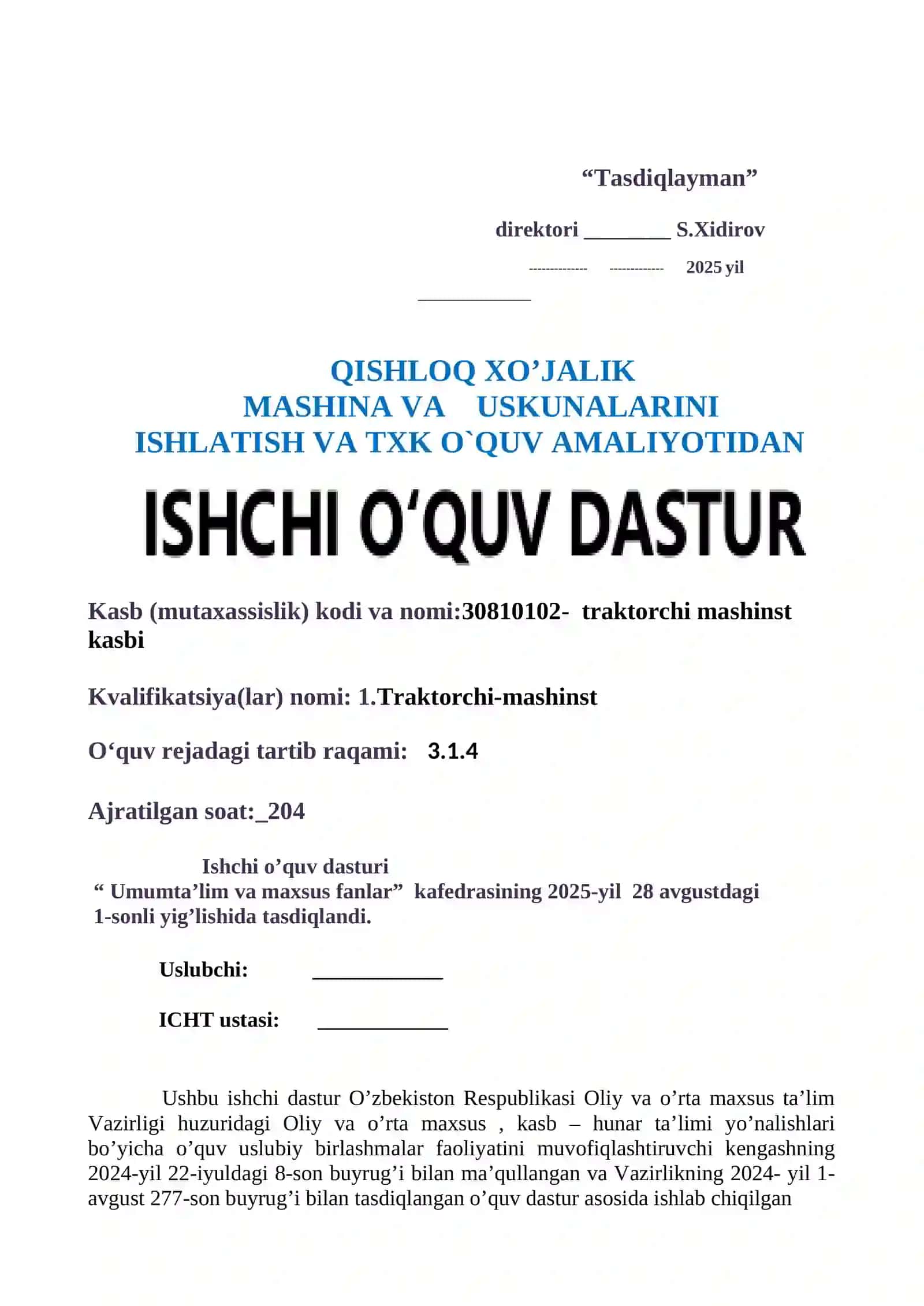 QISHLOQ XO’JALIK MASHINA VA     USKUNALARINI ISHLATISH VA TXK O'A 4