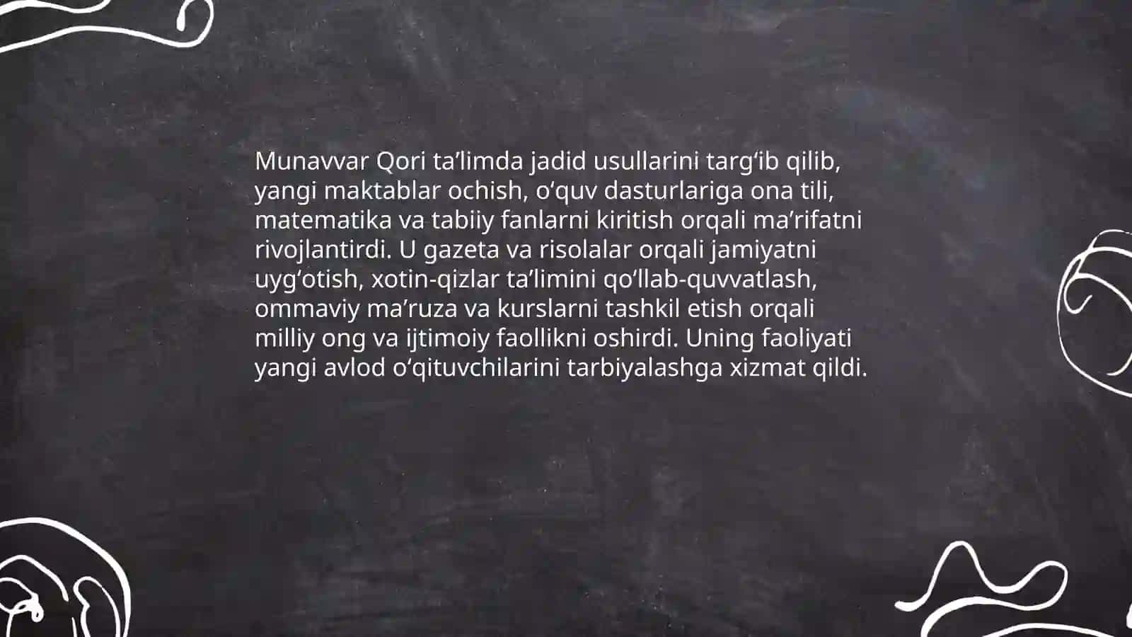 Jadid maʼrifatparvarlarining oʻlka ijtimoiy -maʼnaviy hayotida tutgan oʻrni (Munavvar qori, Fitrat, Behbudiy, Avloniy va boshqa.), "Qayta qurish" yillarida Oʻzbekistondagi ijtimoiy-siyosiy vaziyat 4