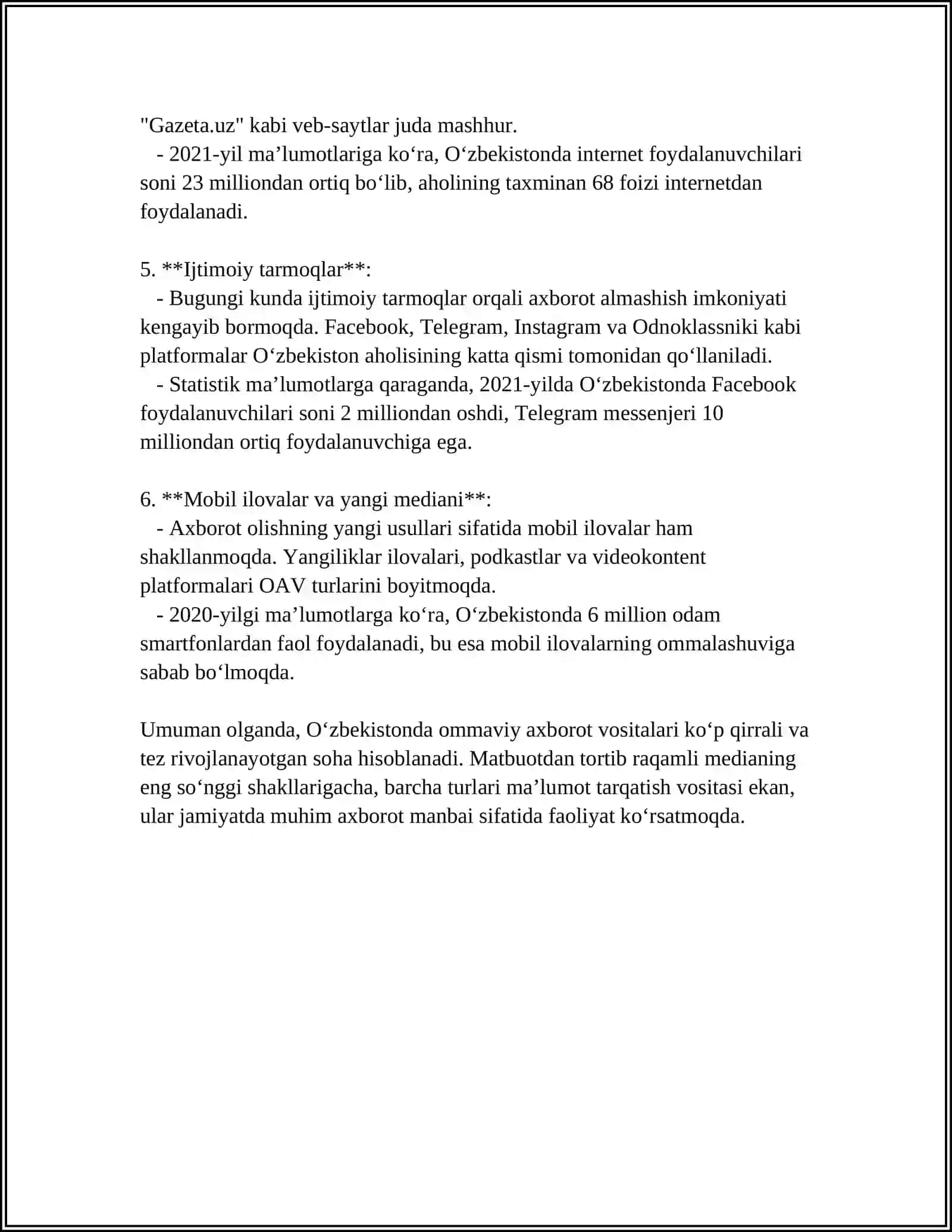 O‘ZBEKISTON RESPUBLIKASIDA OMMAVIY AXBOROTLARNING FAOLIYATI 4