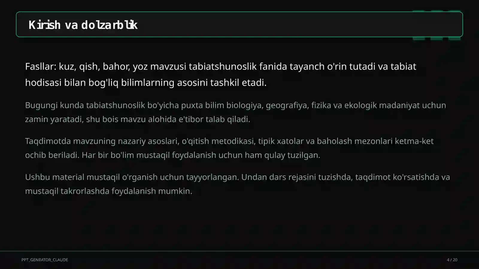 Tabiatshunoslik (1-sinf) Dars Rejasi 4
