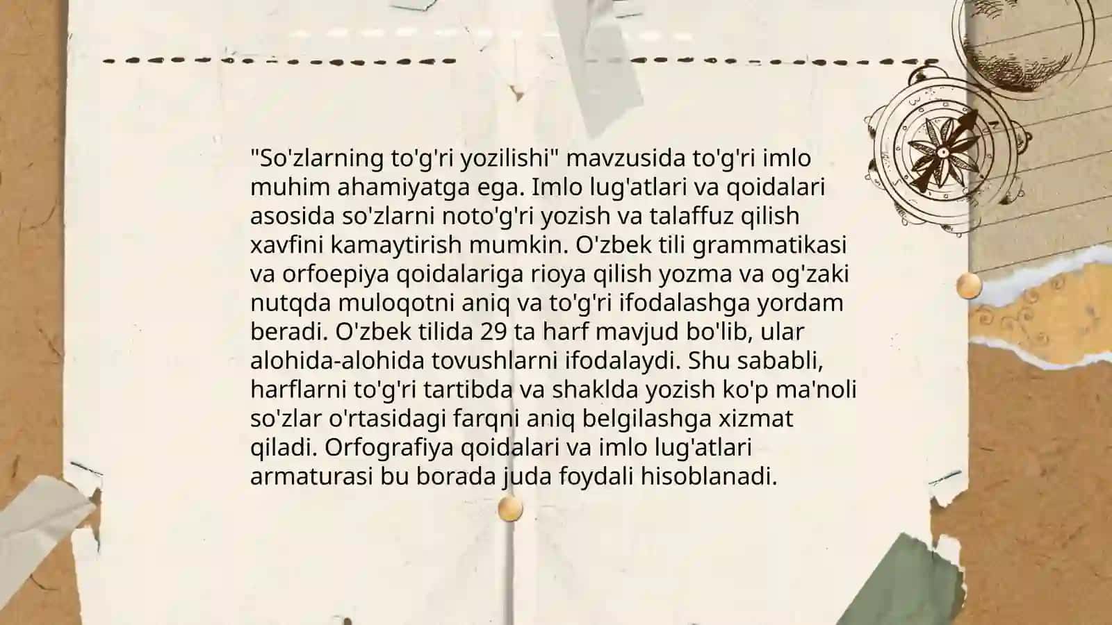 O'zbek tilining imlo qoidalari va soha egalarining savodxonligi. "Til bilgan el biladi" mavzusidagi ijodiy matn yaratish 4
