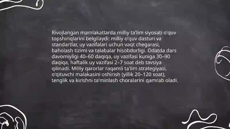 Rivojlangan mamlakatlarda oʻquv topshiriqlariga beriladigan eʼtibor va ularning turlari 4