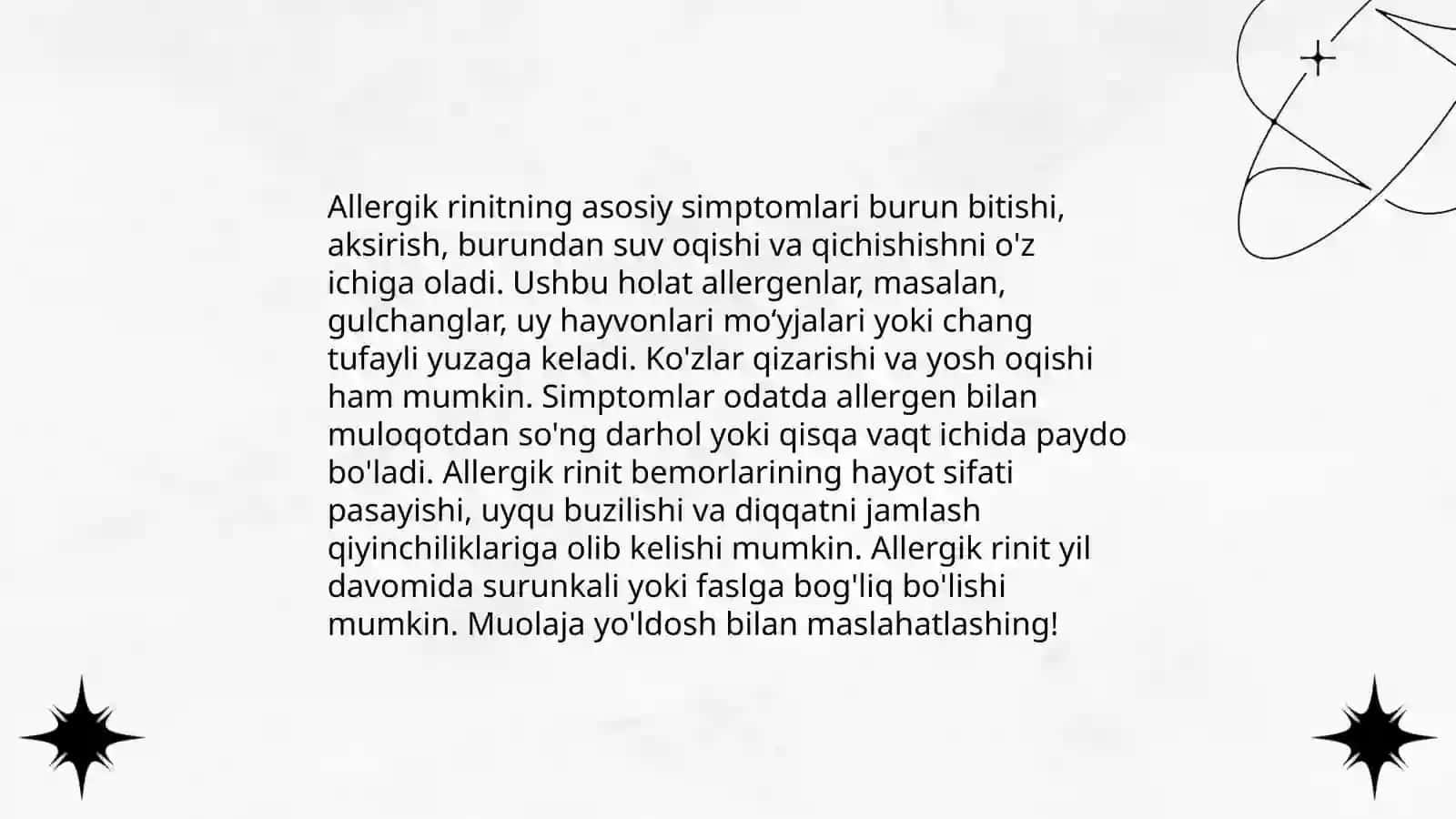 Allergik rinit va ularni zamonaviy davolash usullari. Dispanzerizatsiya 4