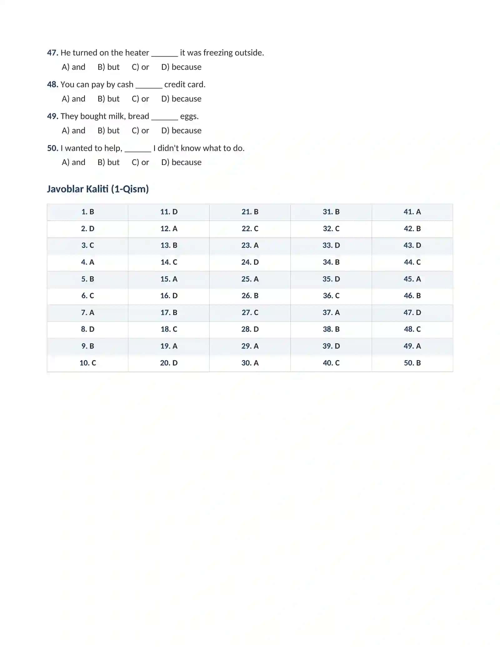 INGLIZ TILI GRAMMATIKASI: BASIC CONJUNCTIONS  (BOG'LOVCHILAR) 4