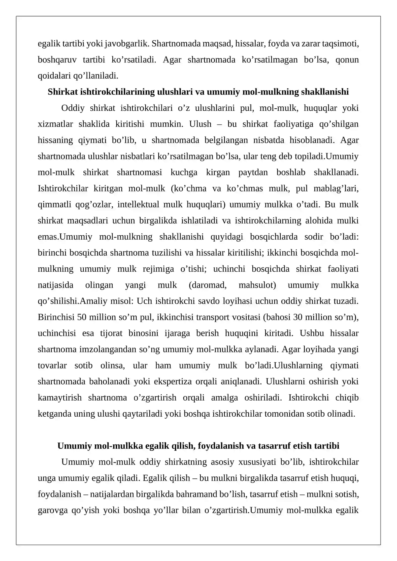 Oddiy shirkatda umumiy mol-mulk va foydani taqsimlash tartibi 4