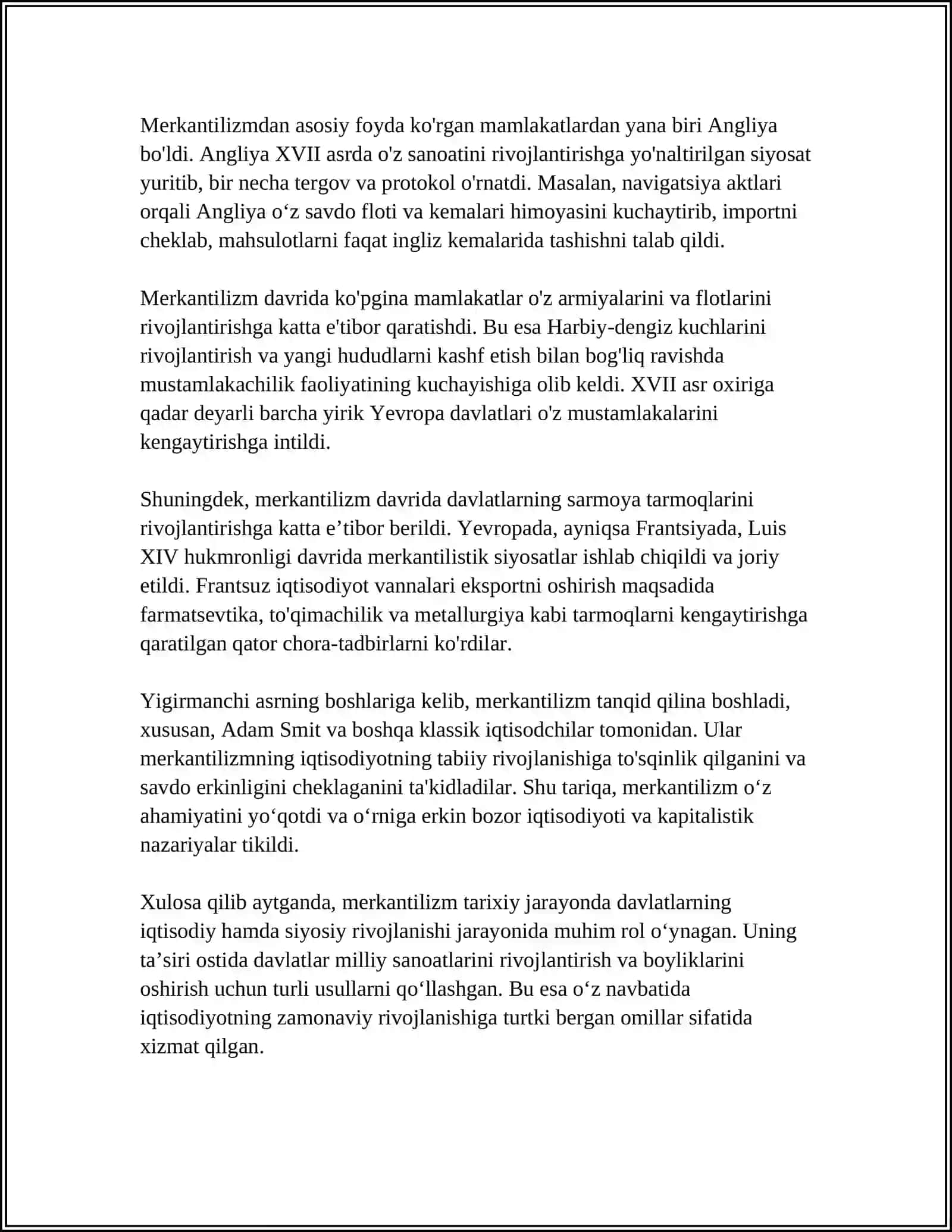 MUSTAQIL ISH Mavzu: MERKANTILIZIM IQTISODIY TA'LIMOTINING MOHIYATI VA AHAMIYATI 4
