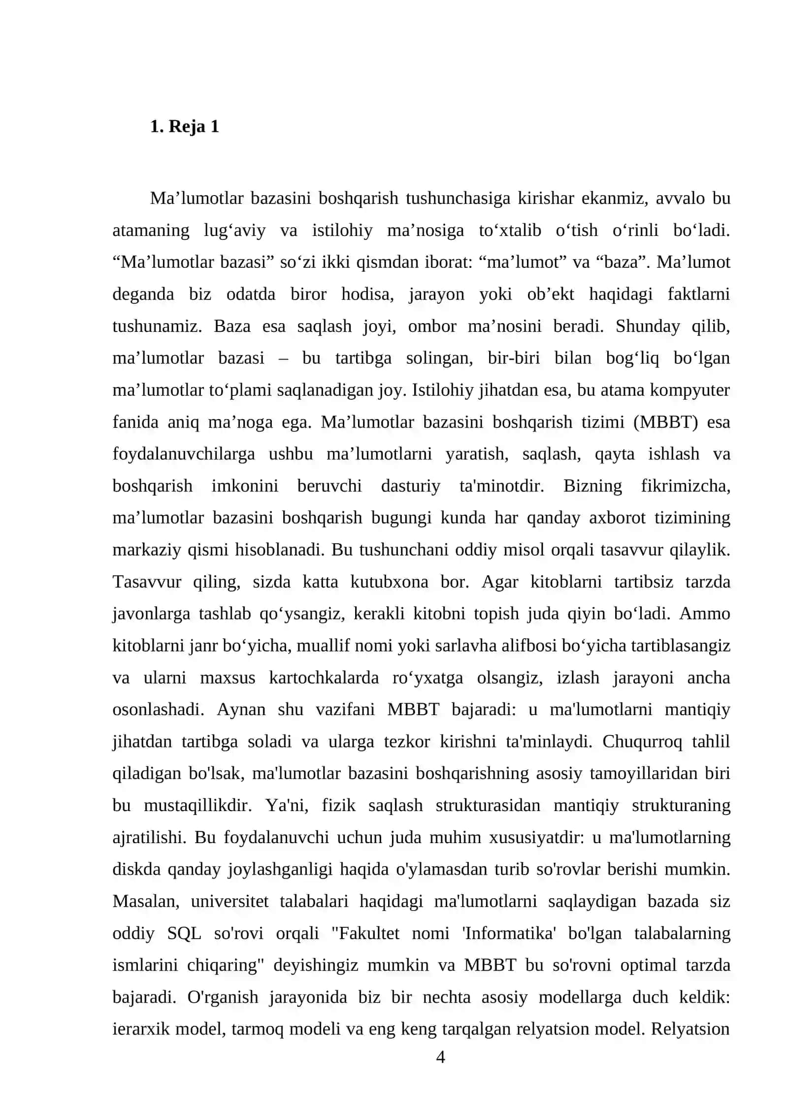 Ma’lumotlar bazasini boshqarish 4