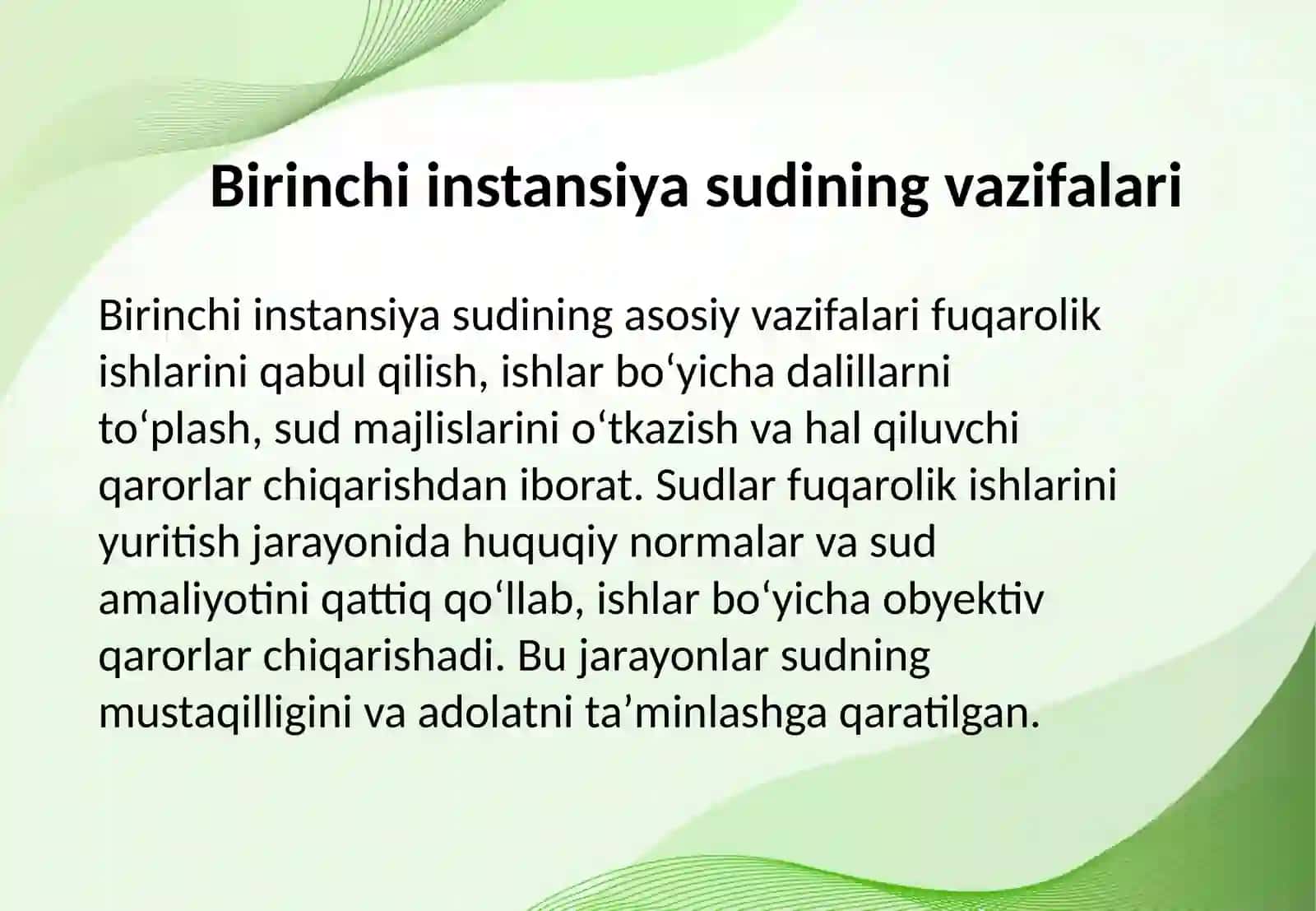Birinchi instansiya sudining hal qiluvchi qarori va sud ajrimini fuqarolik ishlari boʻyicha sud ishlarini yurituvi 4