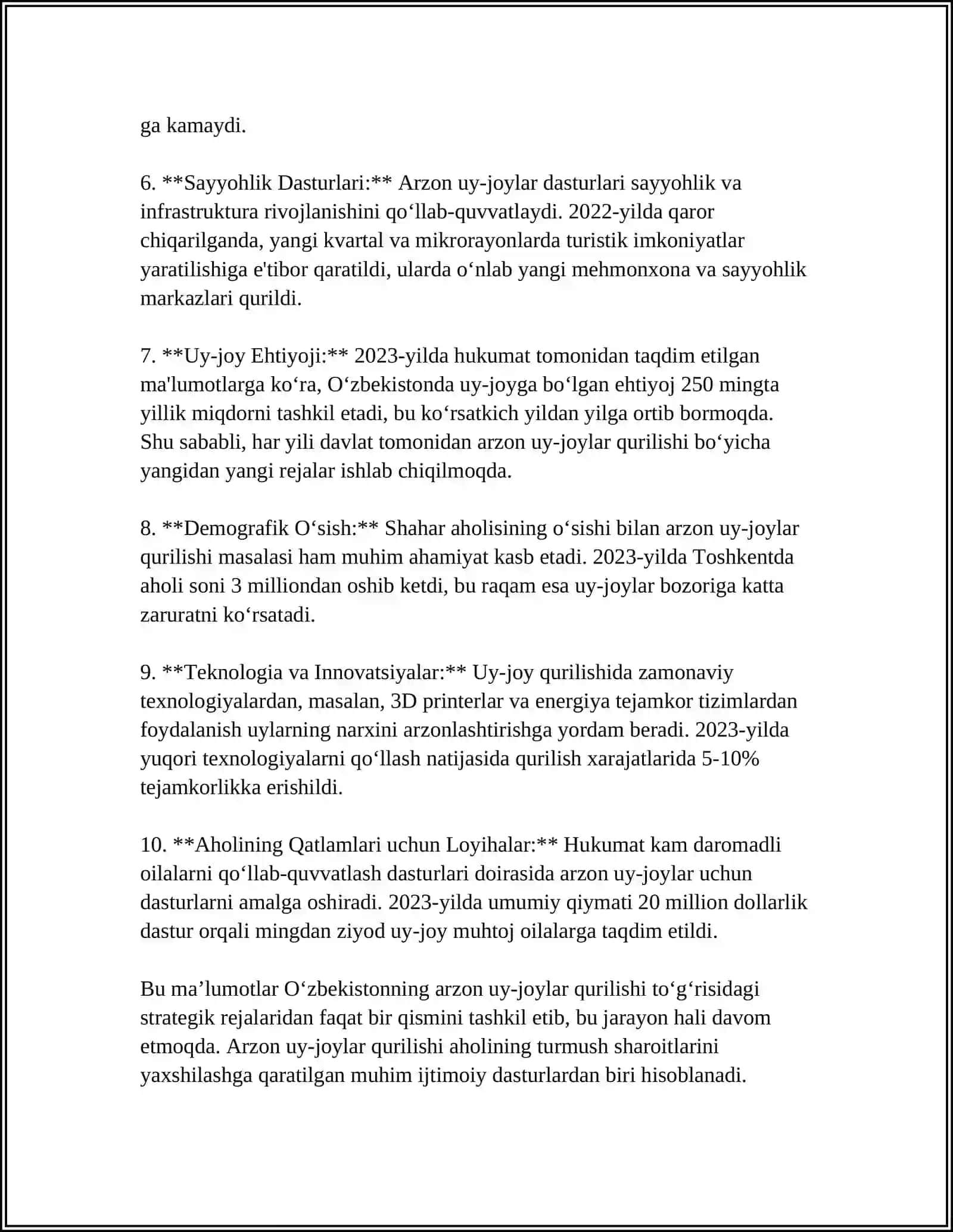 AHOLINI ARZON UY-JOYLAR, YOʻL TRANSPORT, MUHANDISLIK KOMMUNIKATSIYA VA IJTIMOIY INFRATUZILMA SOHALARINING ISLOH QILINISHI 4