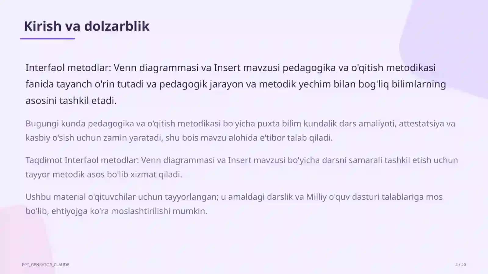 Interfaol metodlar: Venn diagrammasi va Insert 4